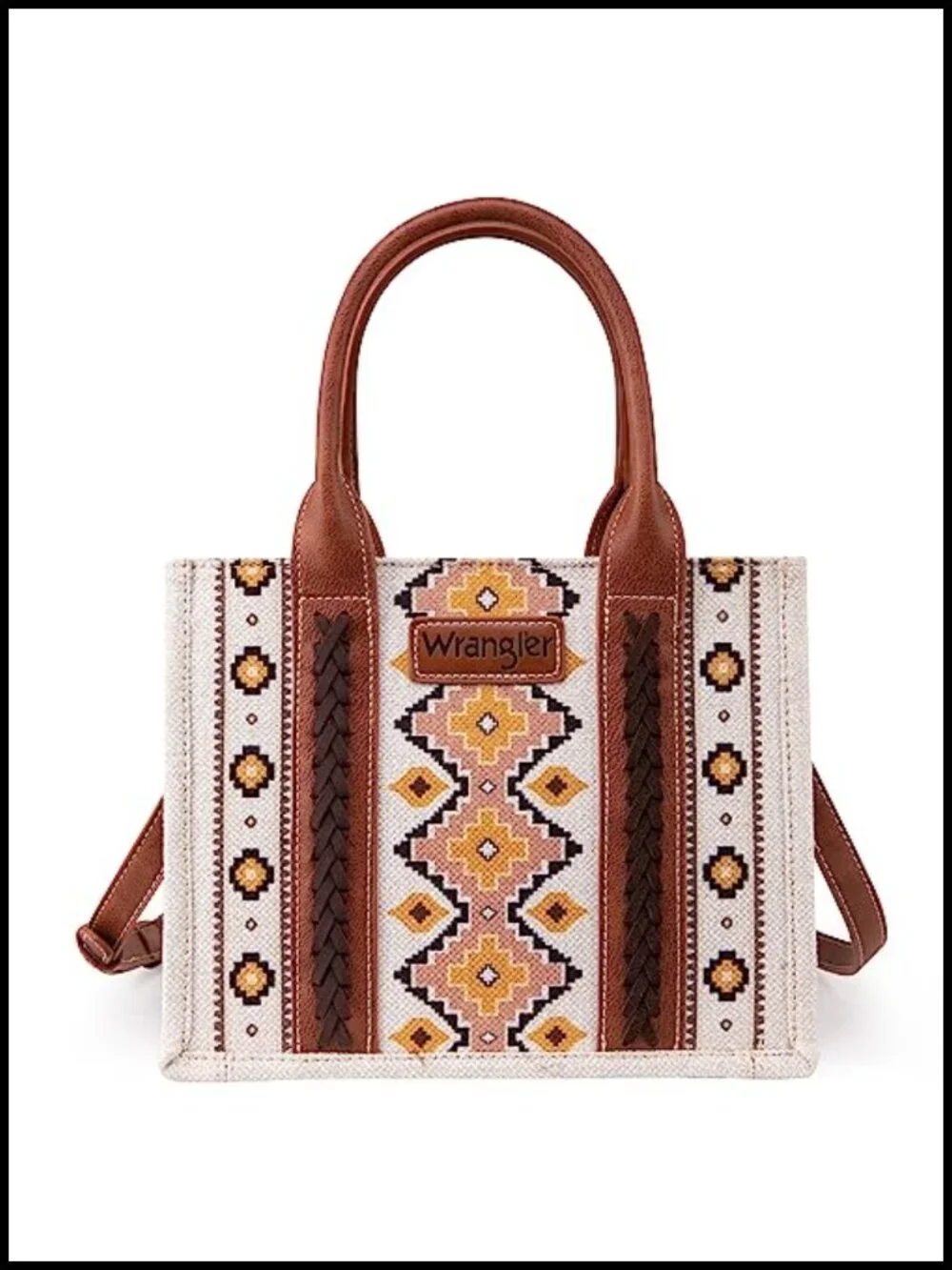 Western Aztec Print Tote Bag with Detachable Crossbody Strap Cotton Canvas